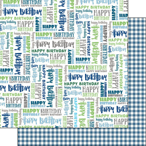12"x 12" His Birthday Words/Blue Gingham (Double-sided) Paper