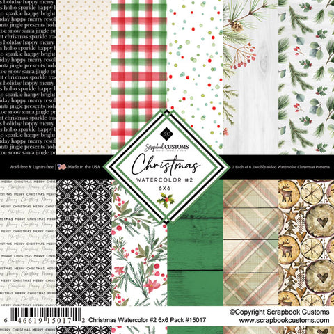 6"x 6" Christmas Watercolor #2 Paper Pack (2 of each 6 Designs, 12 Papers Total)
