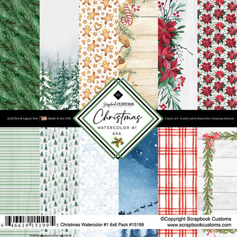 6"x 6" Christmas Watercolor #1 Paper Pack (2 of each 6 Designs, 12 Papers Total)