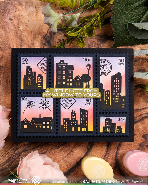 Waffle Flower - Postage Collage City Sunset Stamp Set