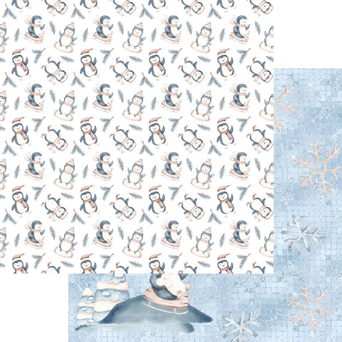 Scrapbook Supply - 12"x 12" Sledding (Winter Penguins Collection) Double-Sided Paper